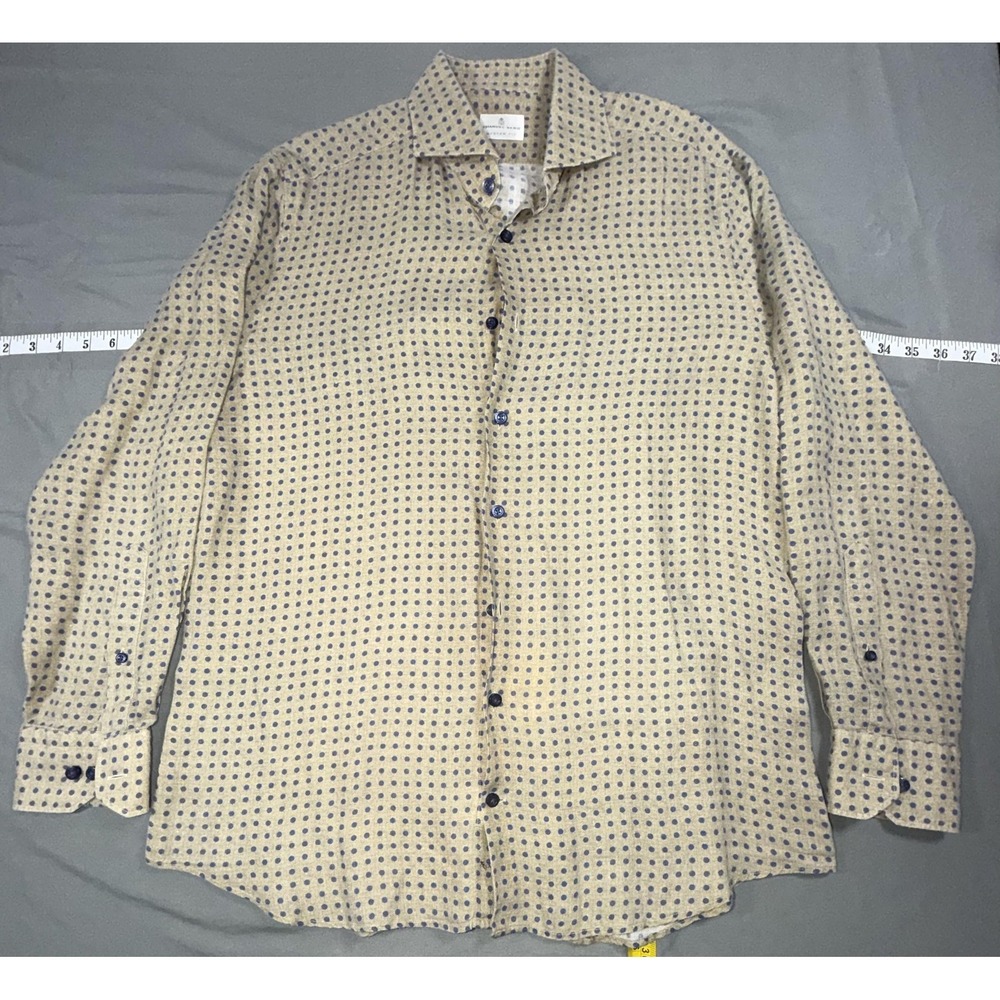 Emanuel Berg Shirt Mens L Beige Polka Dot Linen Long Sleeve Button Up Casual